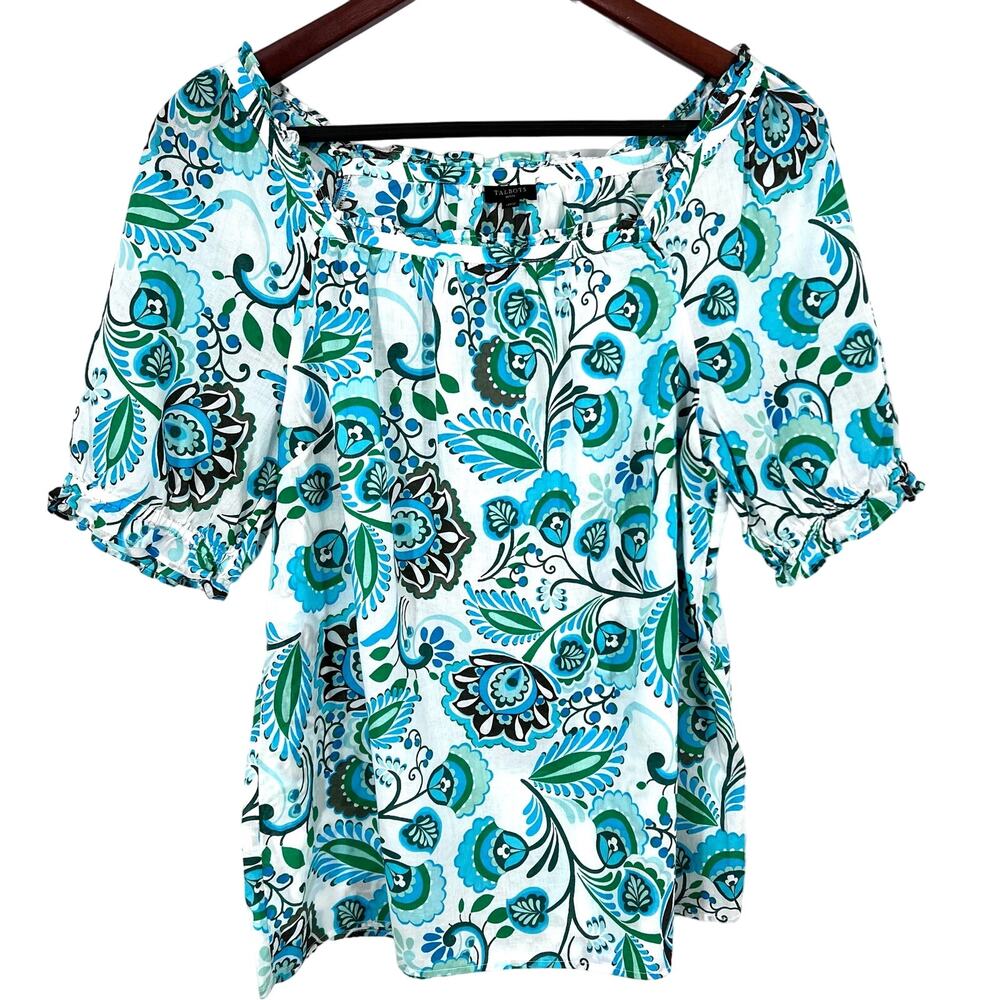 Talbots Sz MP Medium Petite Blue Green Beach Tropical Ruffle Blouse Shirt Top